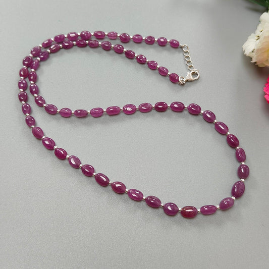 RUBY Gemstone Beads Necklace : 14.80gms (Apx) Natural Untreated 925 Sterling Sliver Plain Oval Shape Necklace 5*4mm - 8*5mm 19" (Apx)