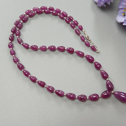 Ruby Gemstone Beads Necklace : 23.20gms (Apx) 925 Sterling Silver Purple Ruby Gemstone Plain Teardrops Necklace 6mm - 14mm 20" (Apx)