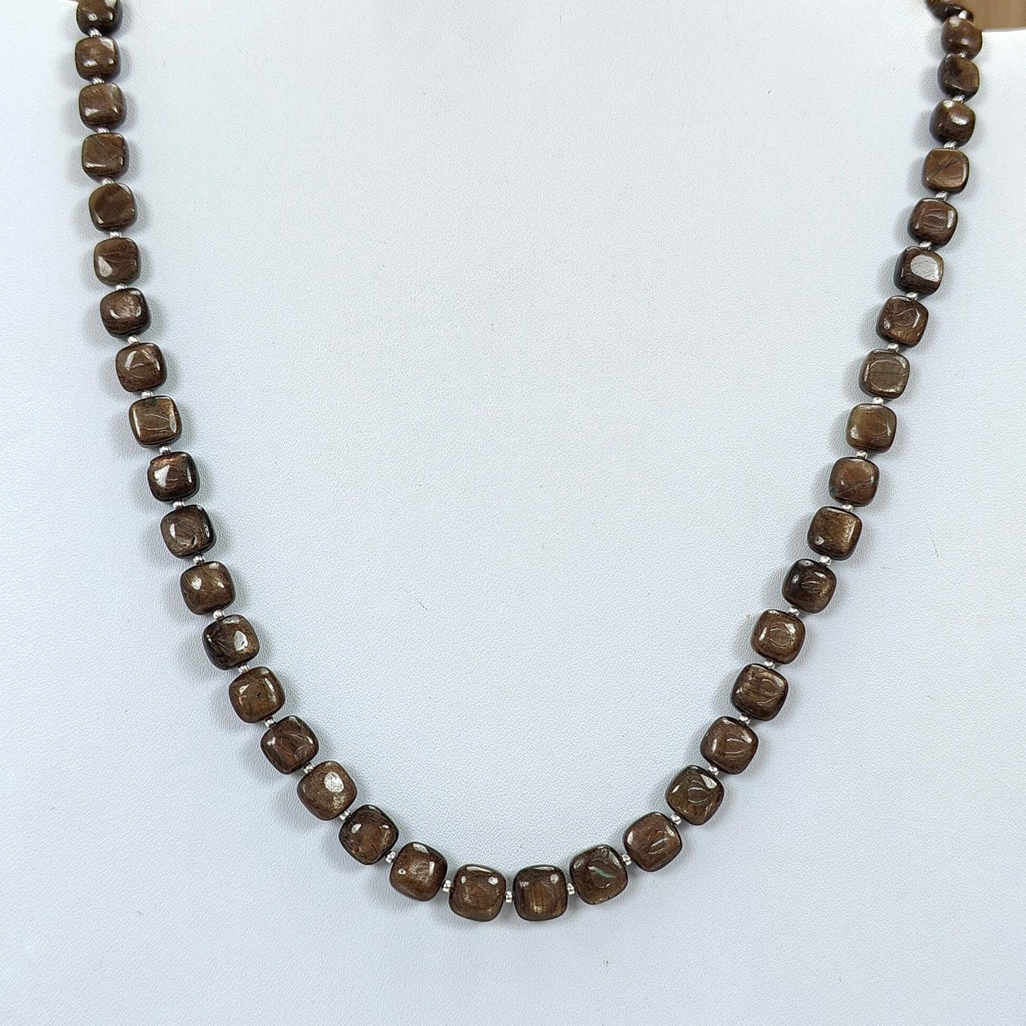 Golden Brown Chocolate Sapphire Gemstone Beads Necklace: 36.00gms (Apx) Natural Plain Cushion Sapphire 925 Sterling Silver 7mm-8mm 19" (Apx)