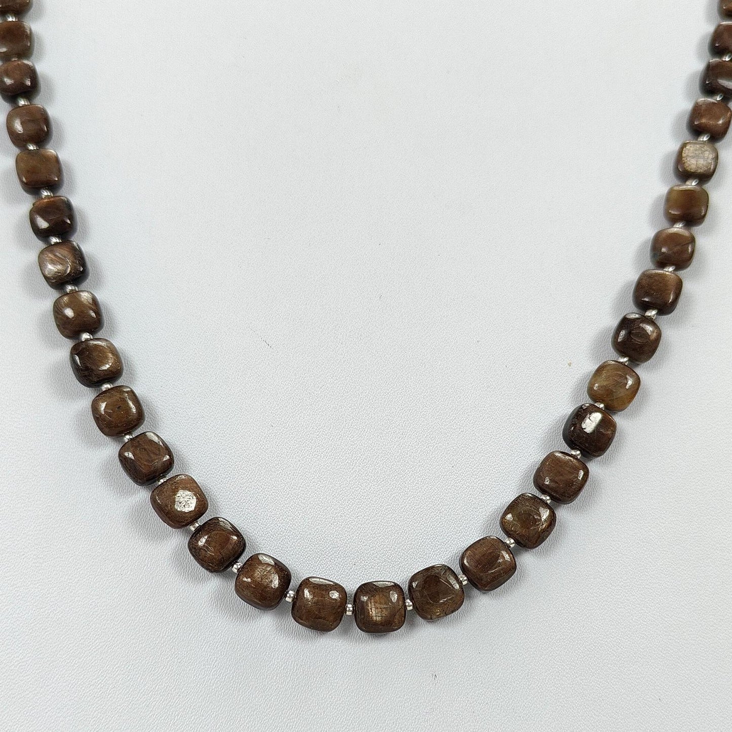 Golden Brown Chocolate Sapphire Gemstone Beads Necklace: 36.00gms (Apx) Natural Plain Cushion Sapphire 925 Sterling Silver 7mm-8mm 19" (Apx)