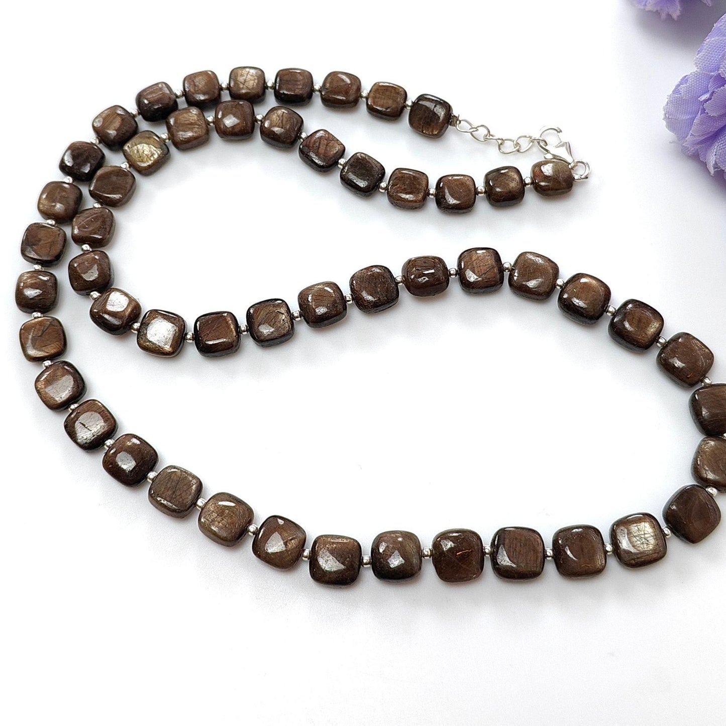 Golden Brown Chocolate Sapphire Gemstone Beads Necklace: 36.00gms (Apx) Natural Plain Cushion Sapphire 925 Sterling Silver 7mm-8mm 19" (Apx)
