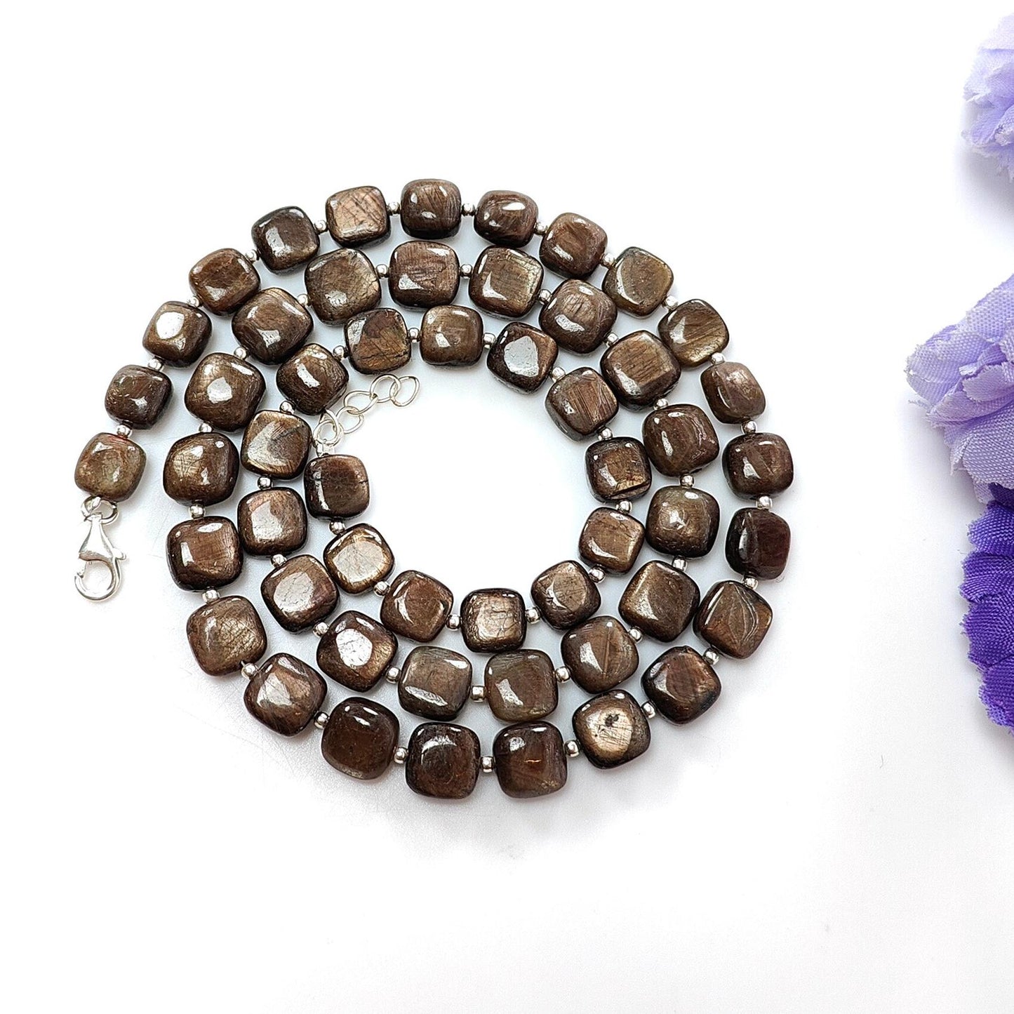 Golden Brown Chocolate Sapphire Gemstone Beads Necklace: 36.00gms (Apx) Natural Plain Cushion Sapphire 925 Sterling Silver 7mm-8mm 19" (Apx)