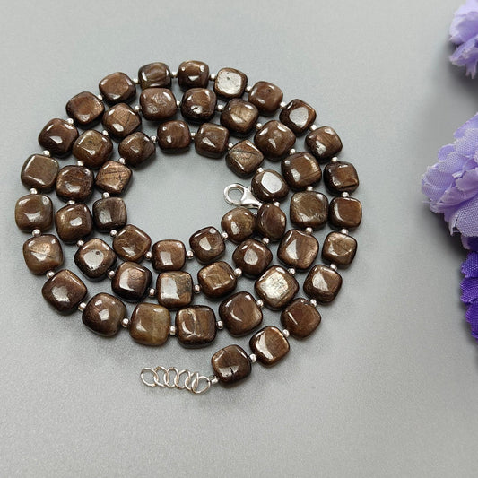 Golden Brown Chocolate Sapphire Gemstone Beads Necklace: 36.00gms (Apx) Natural Plain Cushion Sapphire 925 Sterling Silver 7mm-8mm 19" (Apx)