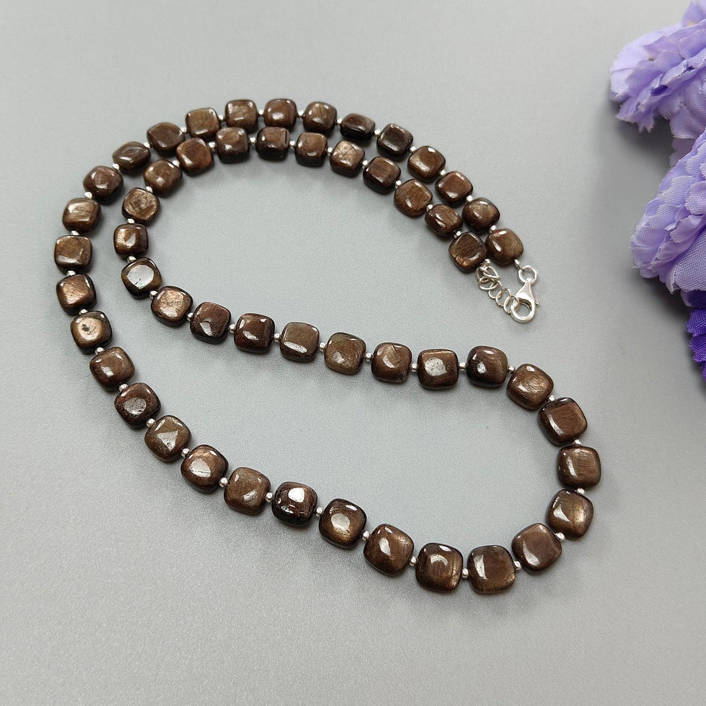 Golden Brown Chocolate Sapphire Gemstone Beads Necklace: 36.00gms (Apx) Natural Plain Cushion Sapphire 925 Sterling Silver 7mm-8mm 19" (Apx)