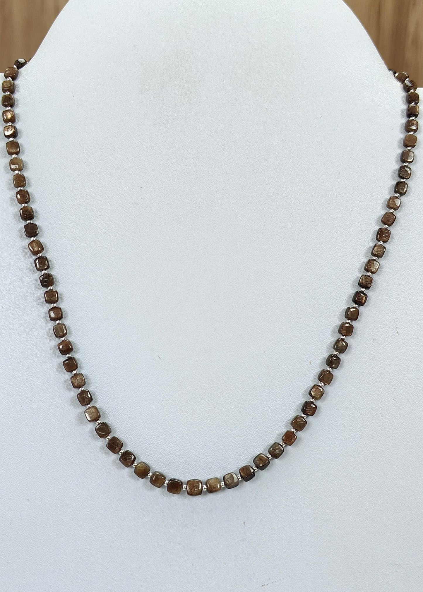 Golden Brown Chocolate Sapphire Gemstone Beads Necklace : 15.75gms (Apx) Natural Plain Cushion Sapphire 925 Sterling Silver 4mm 19" (Apx)
