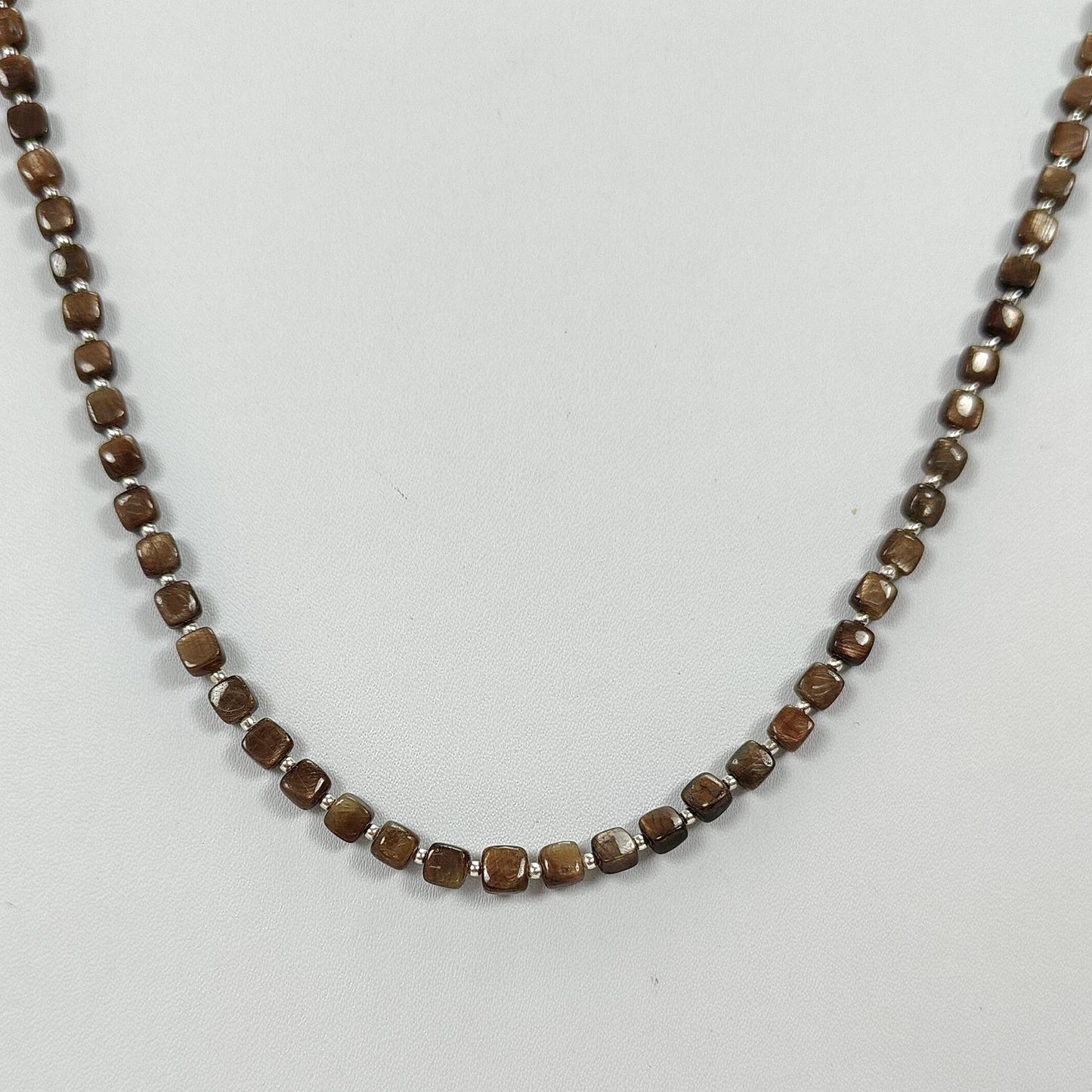 Golden Brown Chocolate Sapphire Gemstone Beads Necklace : 15.75gms (Apx) Natural Plain Cushion Sapphire 925 Sterling Silver 4mm 19" (Apx)