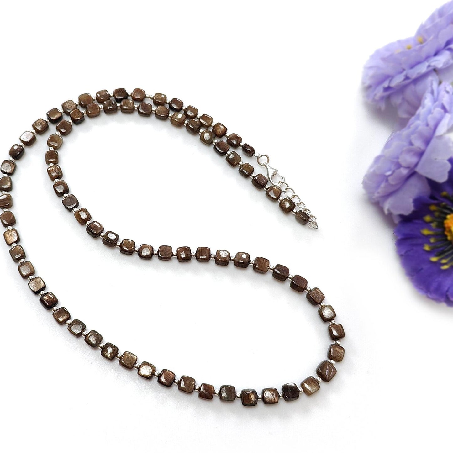 Golden Brown Chocolate Sapphire Gemstone Beads Necklace : 15.75gms (Apx) Natural Plain Cushion Sapphire 925 Sterling Silver 4mm 19" (Apx)