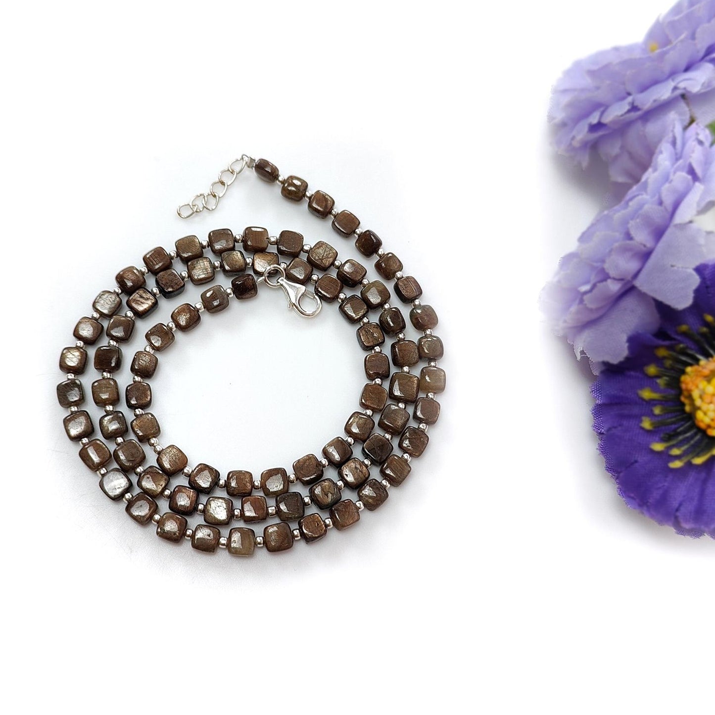 Golden Brown Chocolate Sapphire Gemstone Beads Necklace : 15.75gms (Apx) Natural Plain Cushion Sapphire 925 Sterling Silver 4mm 19" (Apx)