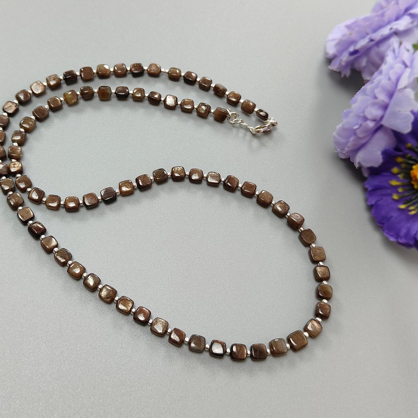 Golden Brown Chocolate Sapphire Gemstone Beads Necklace : 15.75gms (Apx) Natural Plain Cushion Sapphire 925 Sterling Silver 4mm 19" (Apx)