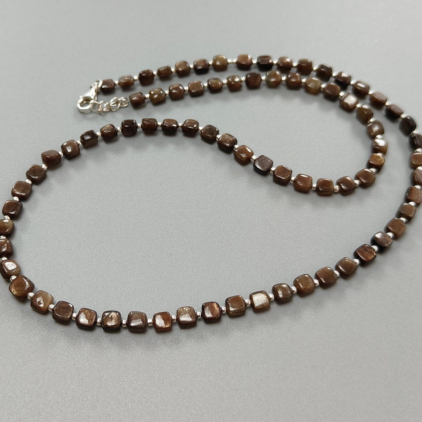 Golden Brown Chocolate Sapphire Gemstone Beads Necklace : 15.75gms (Apx) Natural Plain Cushion Sapphire 925 Sterling Silver 4mm 19" (Apx)