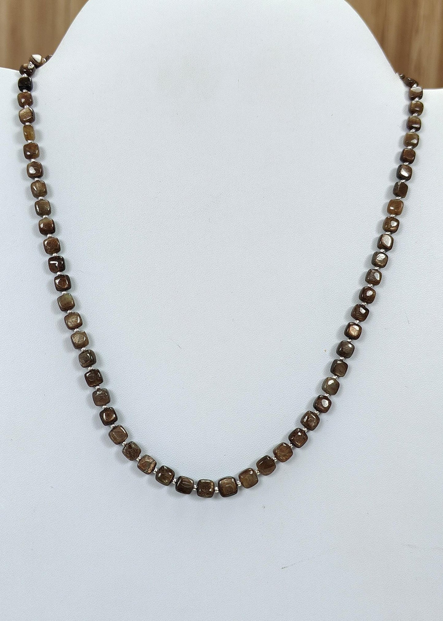 Golden Brown Sapphire Gemstone Beads Necklace : 21.00gms (Apx) Natural Plain Cushion Sapphire 925 Sterling Silver 4*3mm - 6*4mm 20" (Apx)