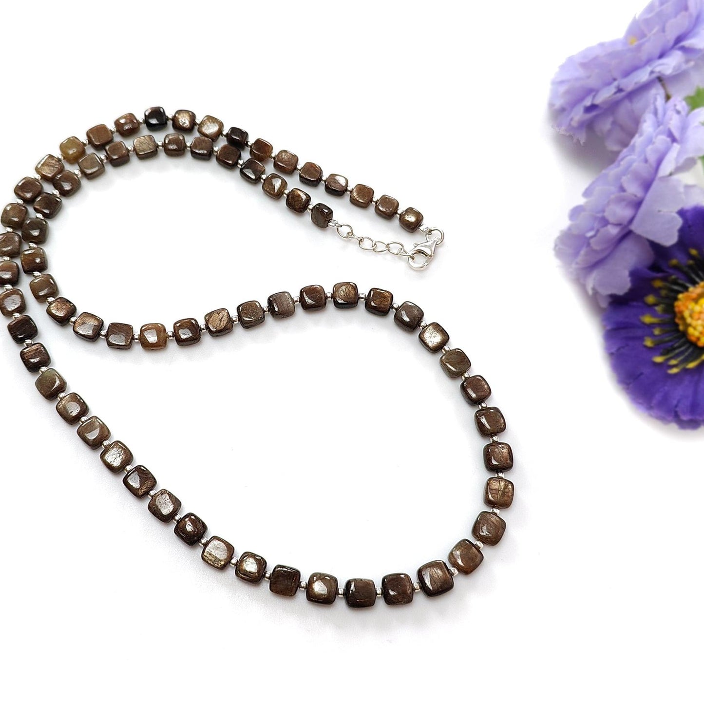 Golden Brown Sapphire Gemstone Beads Necklace : 21.00gms (Apx) Natural Plain Cushion Sapphire 925 Sterling Silver 4*3mm - 6*4mm 20" (Apx)