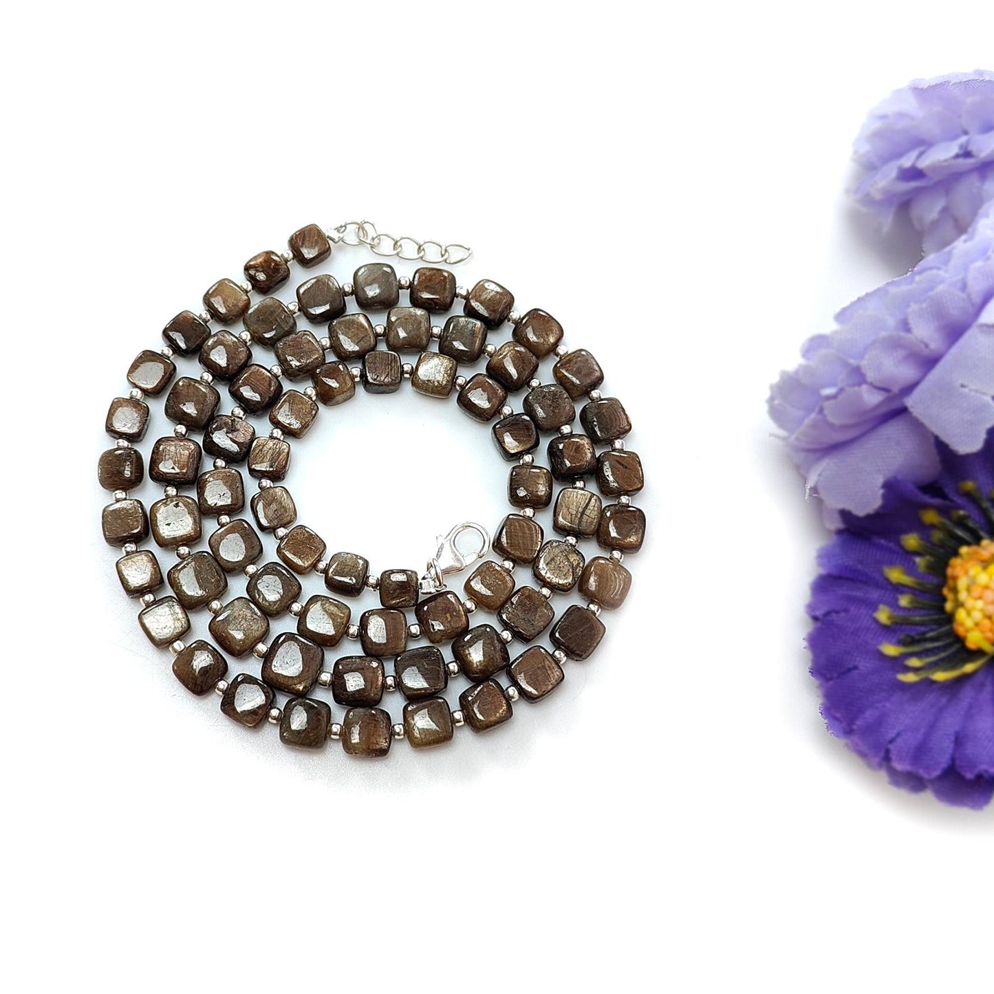 Golden Brown Sapphire Gemstone Beads Necklace : 21.00gms (Apx) Natural Plain Cushion Sapphire 925 Sterling Silver 4*3mm - 6*4mm 20" (Apx)