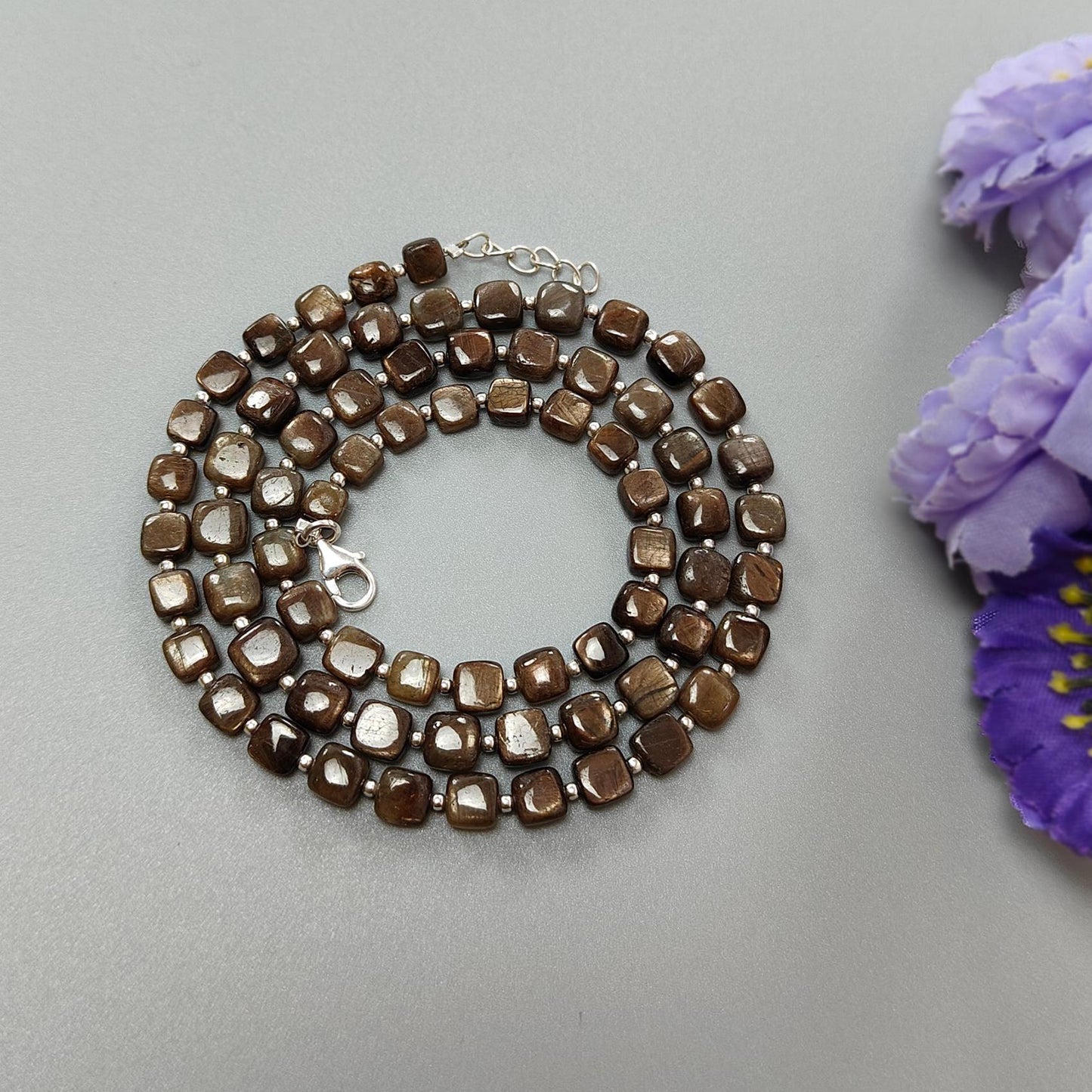 Golden Brown Sapphire Gemstone Beads Necklace : 21.00gms (Apx) Natural Plain Cushion Sapphire 925 Sterling Silver 4*3mm - 6*4mm 20" (Apx)