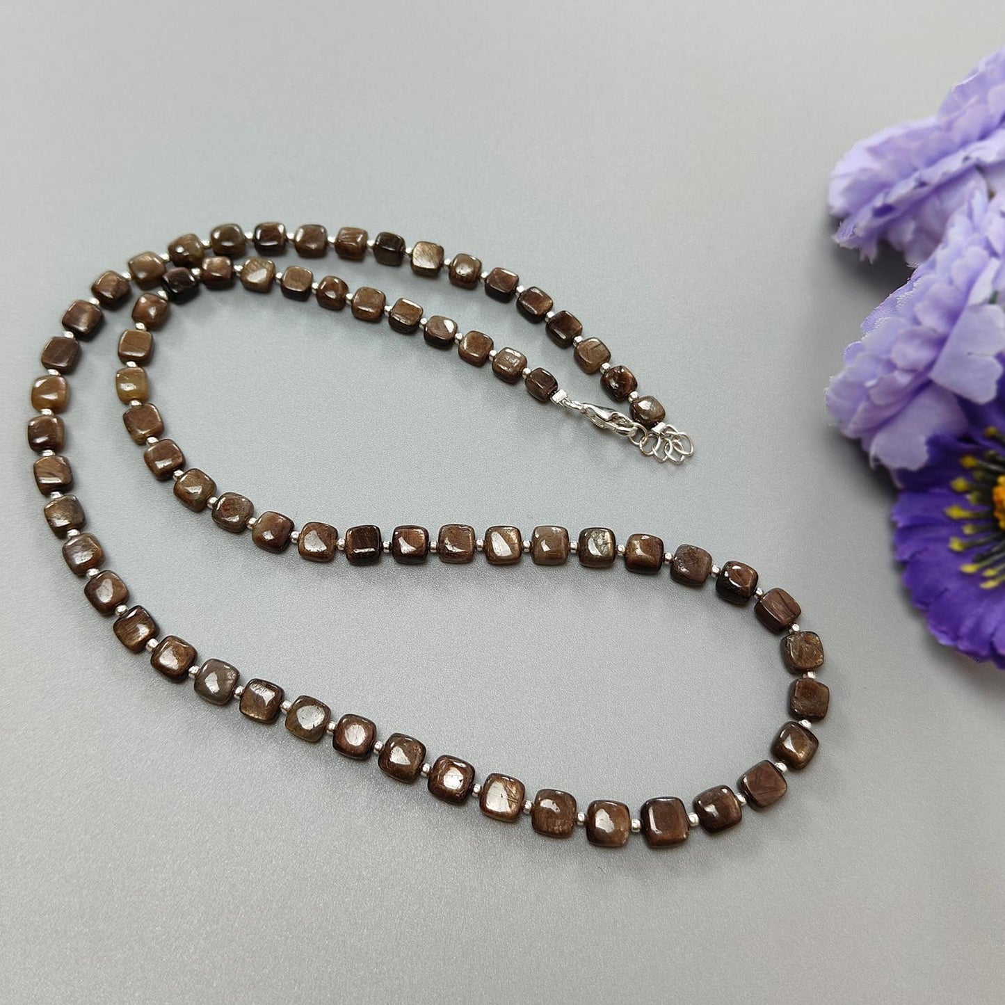 Golden Brown Sapphire Gemstone Beads Necklace : 21.00gms (Apx) Natural Plain Cushion Sapphire 925 Sterling Silver 4*3mm - 6*4mm 20" (Apx)
