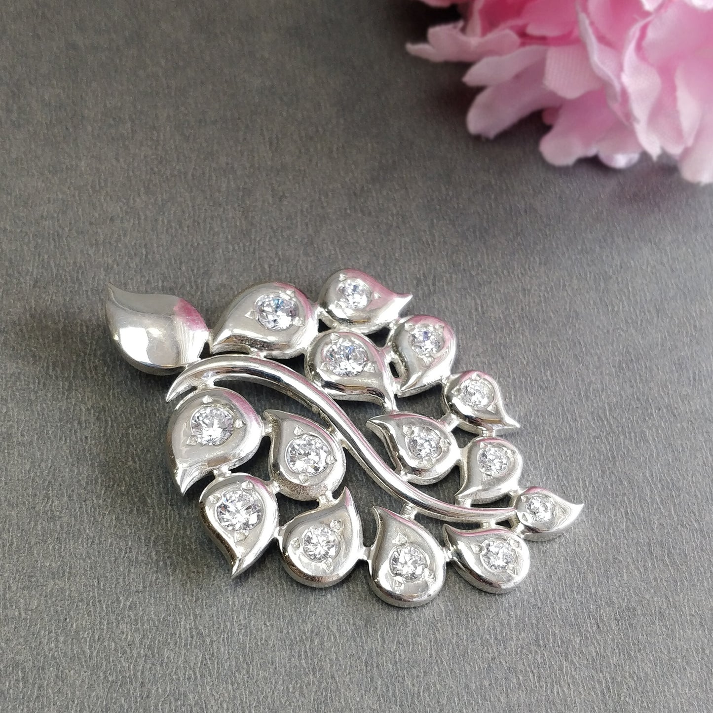 925 Sterling Silver With Cubic Zirconia Pendant : 21.40gms Fashion Jewellry Peacock Leaf Pendant 2.5" Gift For Her