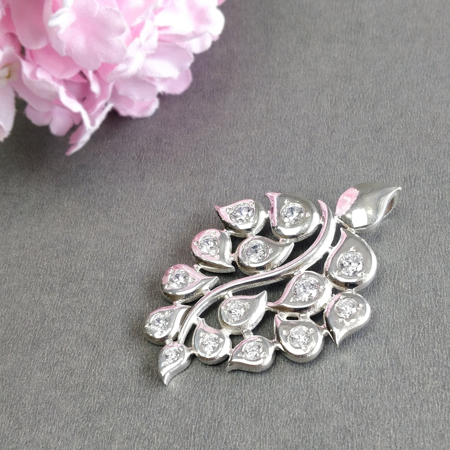 925 Sterling Silver With Cubic Zirconia Pendant : 21.40gms Fashion Jewellry Peacock Leaf Pendant 2.5" Gift For Her