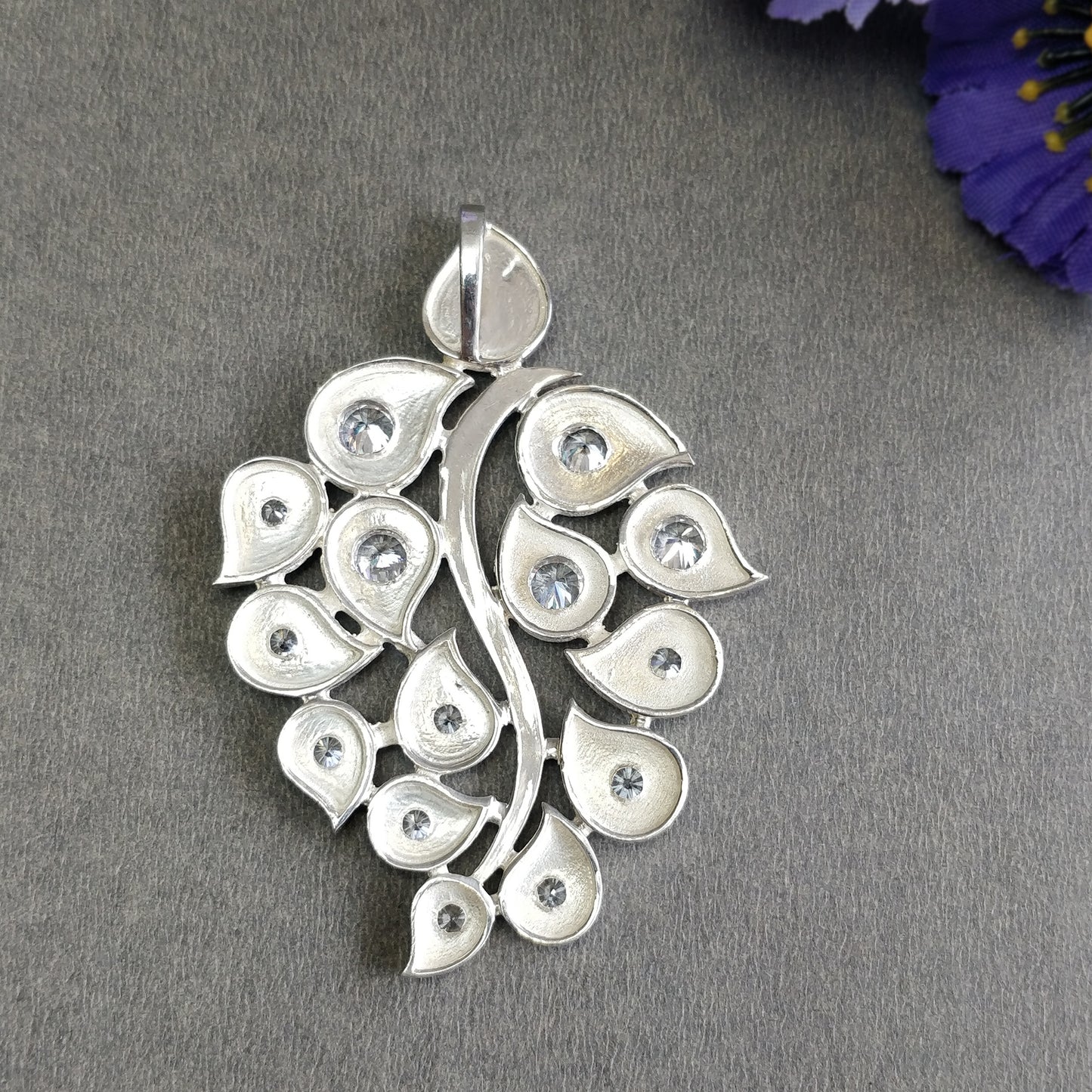 925 Sterling Silver With Cubic Zirconia Pendant : 21.40gms Fashion Jewellry Peacock Leaf Pendant 2.5" Gift For Her