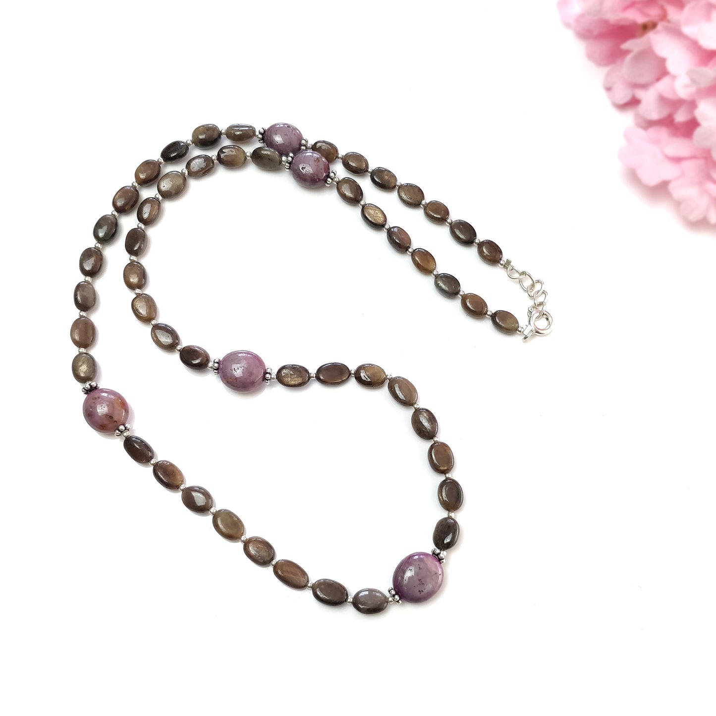 Chocolate Sapphire & Star Ruby Gemstone Necklace : 111.25cts Natural Untreated Oval Shape With 925 Sterling Silver 6*5mm - 11*10mm 18.75"