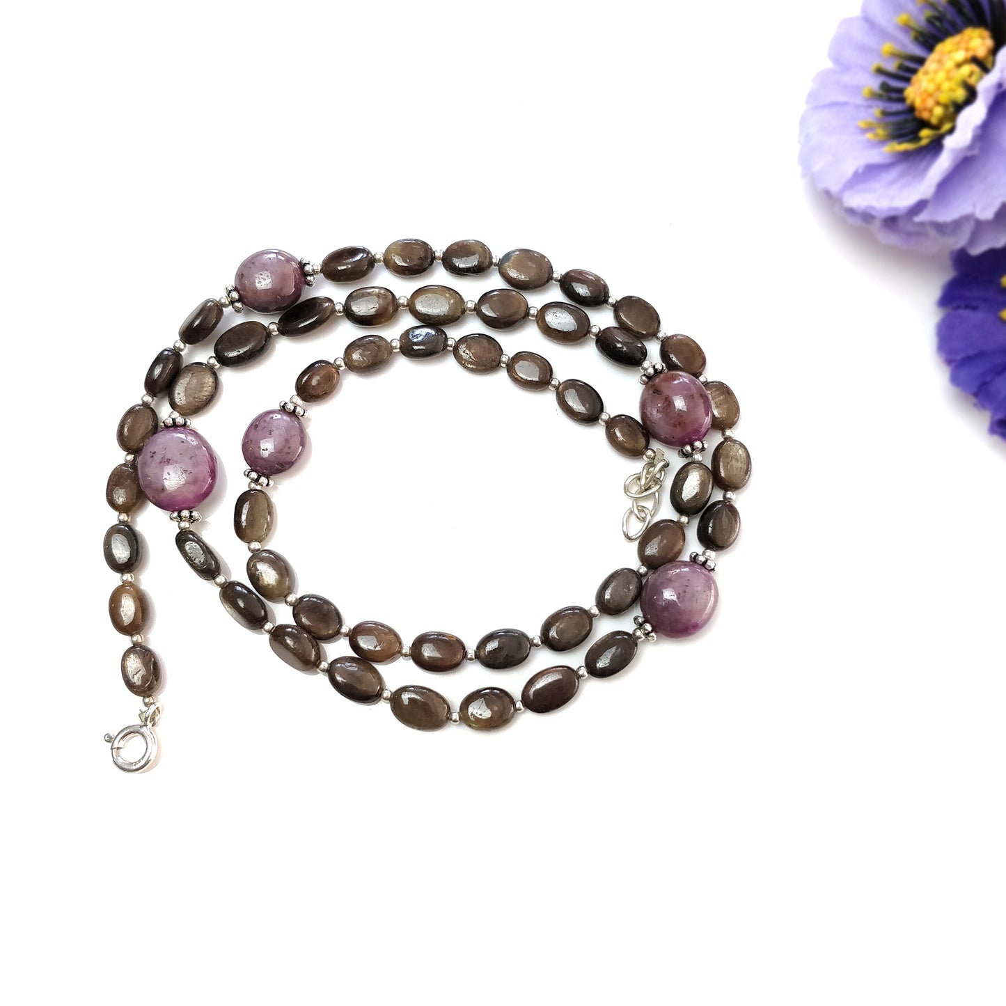 Chocolate Sapphire & Star Ruby Gemstone Necklace : 111.25cts Natural Untreated Oval Shape With 925 Sterling Silver 6*5mm - 11*10mm 18.75"