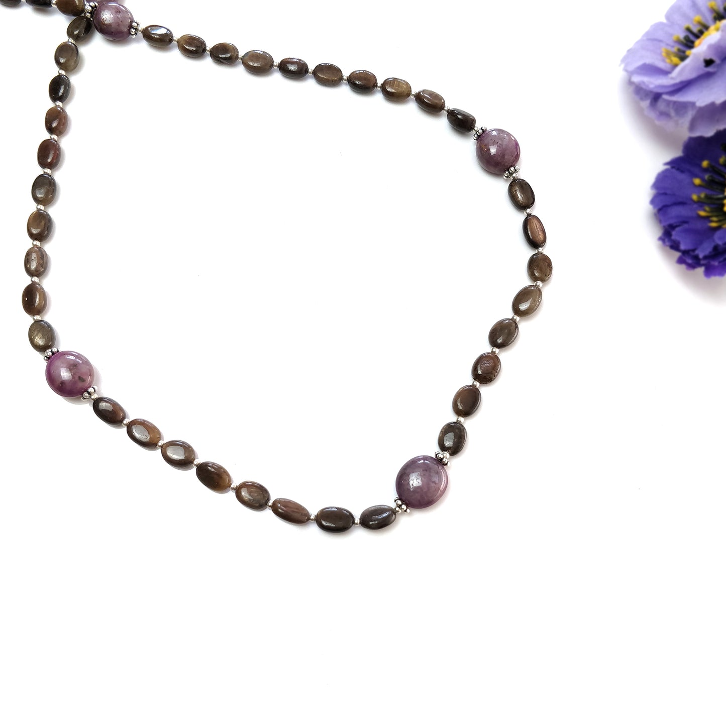 Chocolate Sapphire & Star Ruby Gemstone Necklace : 111.25cts Natural Untreated Oval Shape With 925 Sterling Silver 6*5mm - 11*10mm 18.75"