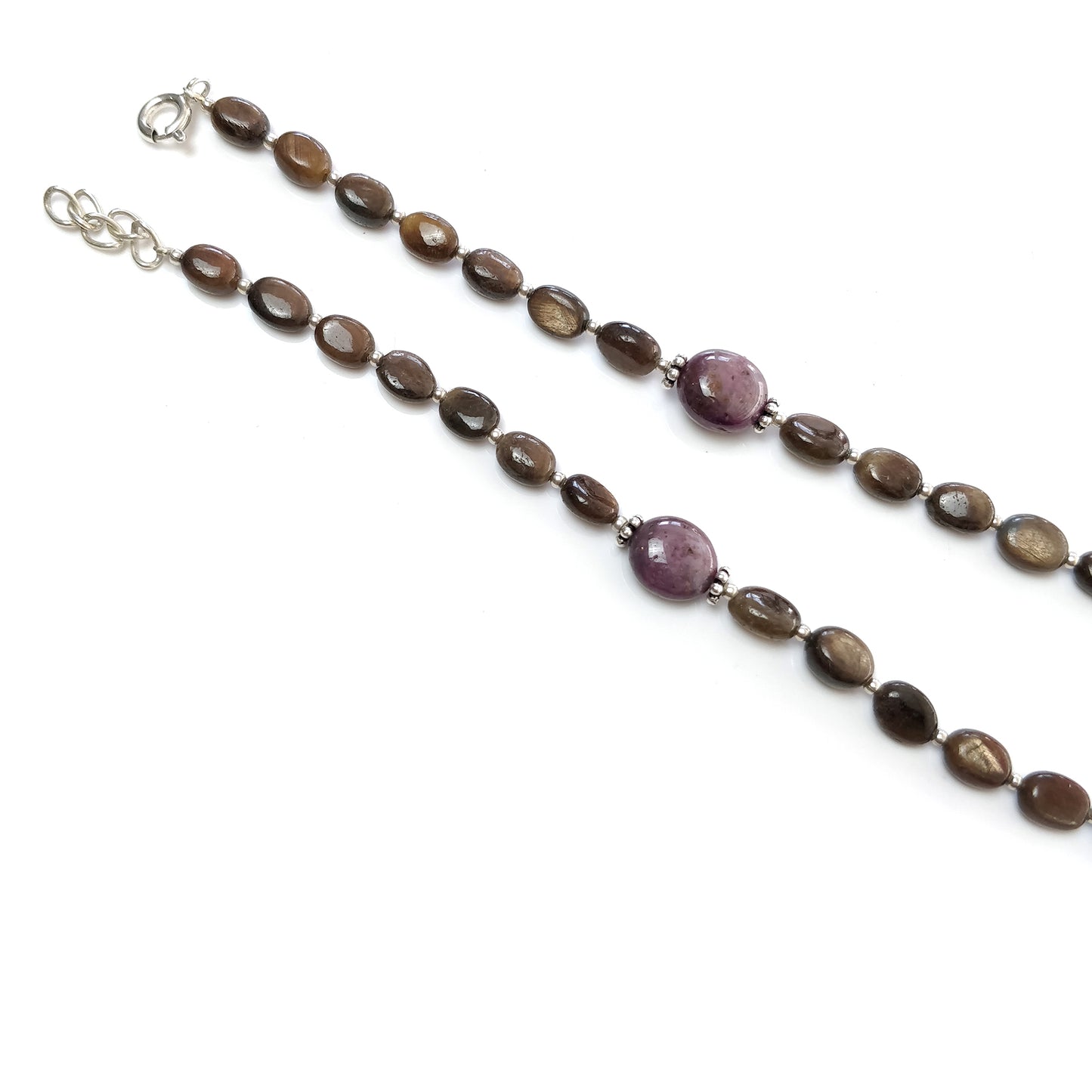 Chocolate Sapphire & Star Ruby Gemstone Necklace : 111.25cts Natural Untreated Oval Shape With 925 Sterling Silver 6*5mm - 11*10mm 18.75"