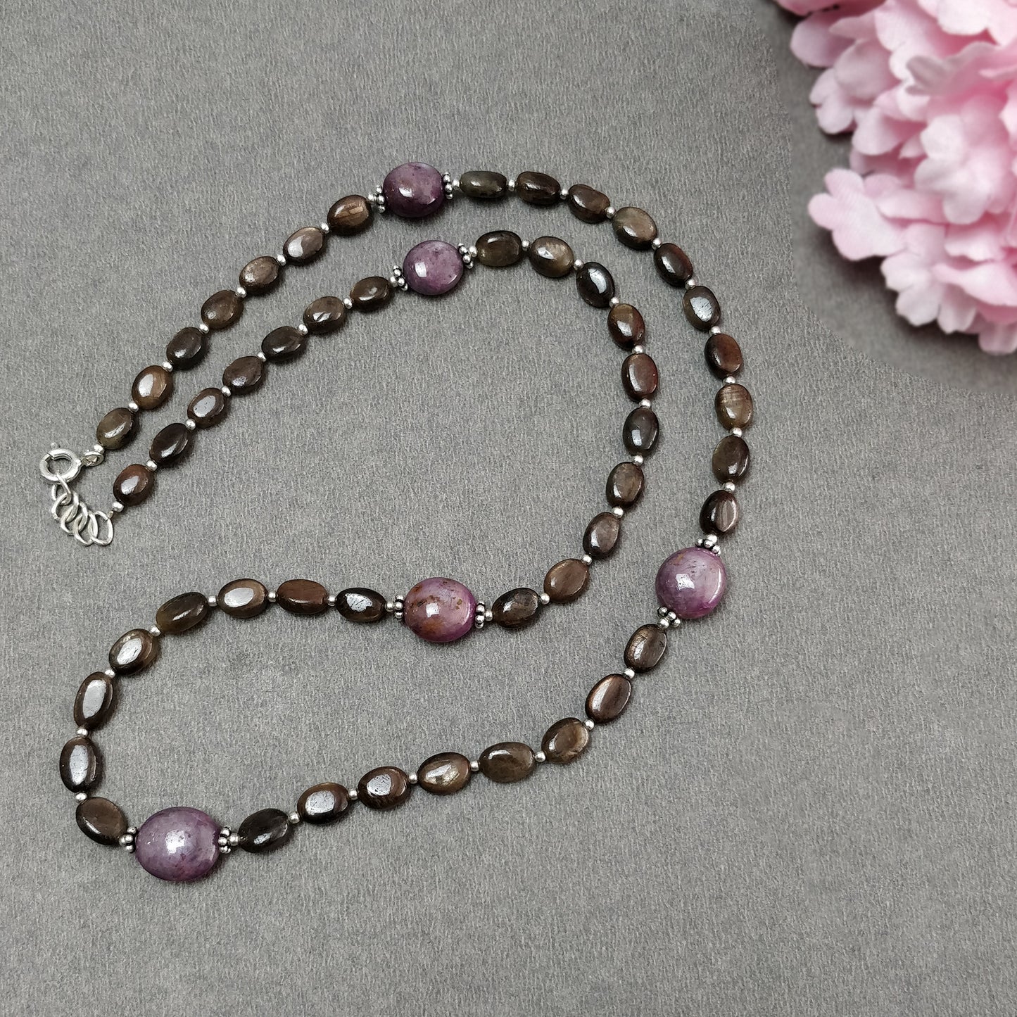 Chocolate Sapphire & Star Ruby Gemstone Necklace : 111.25cts Natural Untreated Oval Shape With 925 Sterling Silver 6*5mm - 11*10mm 18.75"