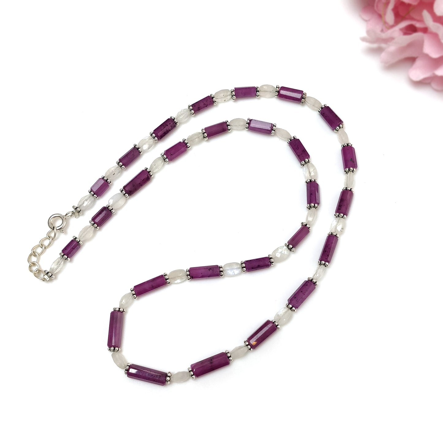 Raspberry Sapphire & Rainbow Moonstone Gemstone Fancy Cut NECKLACE: 93.30gms Natural Untreated Pencil 925 Sterling Silver 5mm - 12mm 18.25"