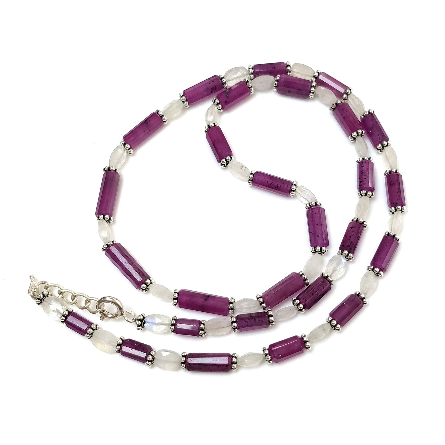 Raspberry Sapphire & Rainbow Moonstone Gemstone Fancy Cut NECKLACE: 93.30gms Natural Untreated Pencil 925 Sterling Silver 5mm - 12mm 18.25"