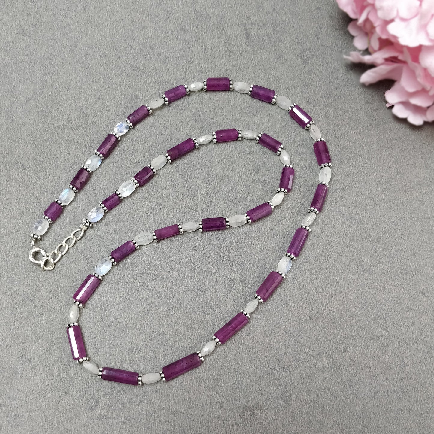 Raspberry Sapphire & Rainbow Moonstone Gemstone Fancy Cut NECKLACE: 93.30gms Natural Untreated Pencil 925 Sterling Silver 5mm - 12mm 18.25"