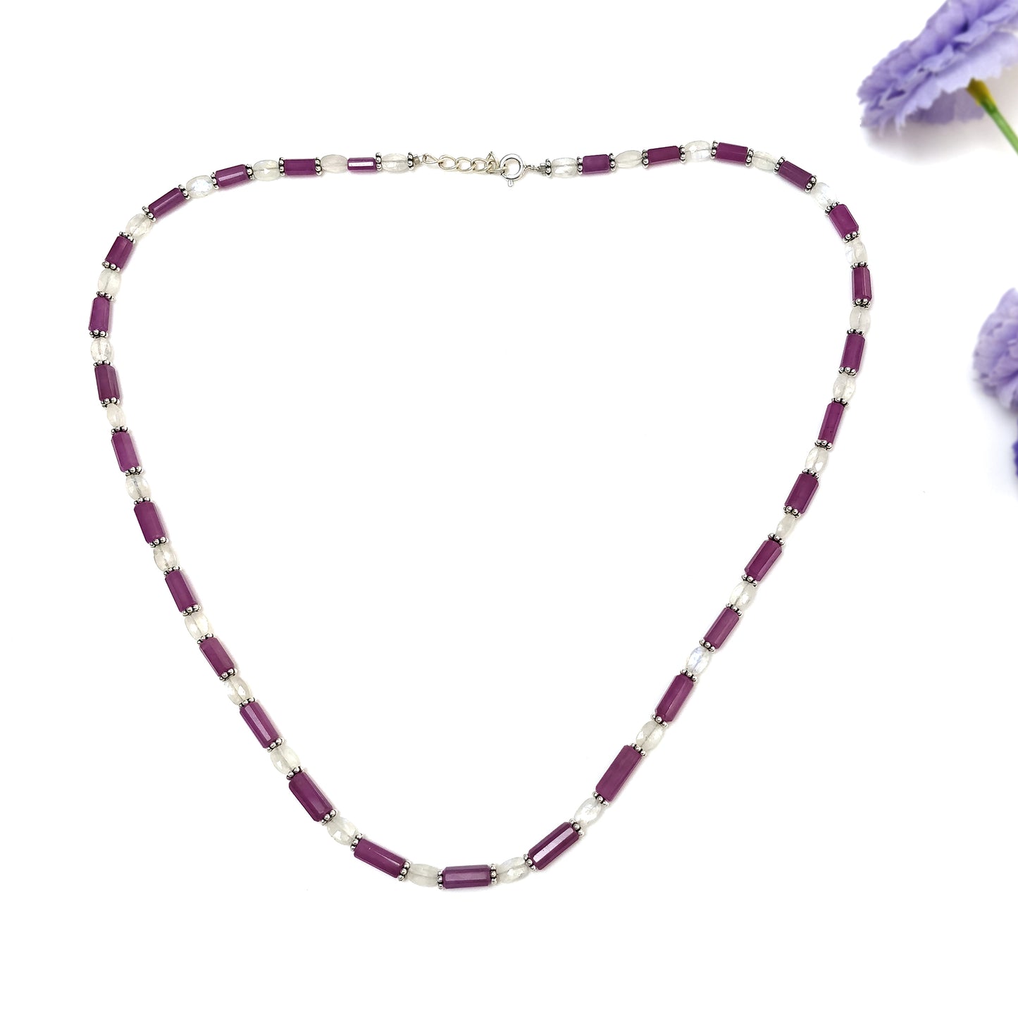 Raspberry Sapphire & Rainbow Moonstone Gemstone Fancy Cut NECKLACE: 95.35gms Natural Untreated Pencil 925 Sterling Silver 6mm - 10mm 19.25"