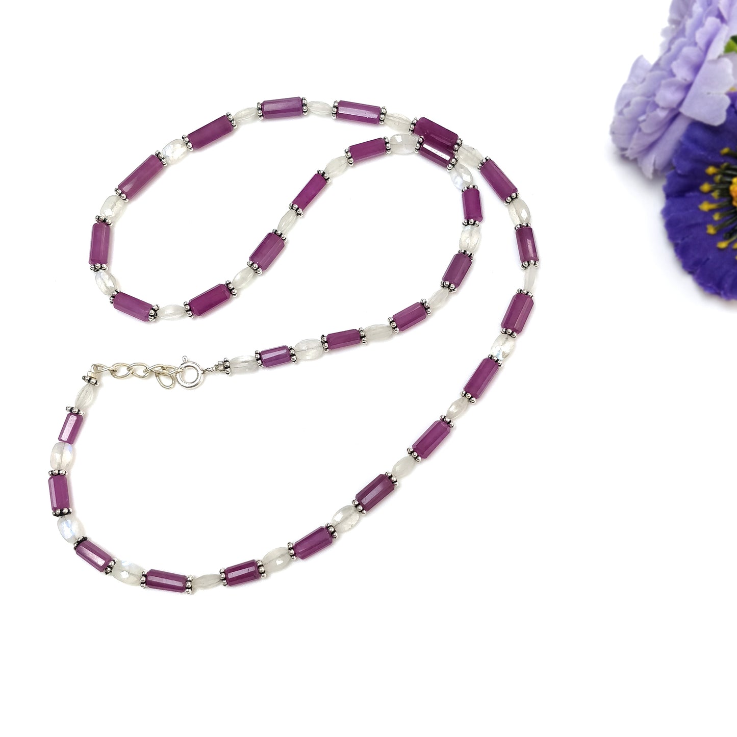 Raspberry Sapphire & Rainbow Moonstone Gemstone Fancy Cut NECKLACE: 95.35gms Natural Untreated Pencil 925 Sterling Silver 6mm - 10mm 19.25"