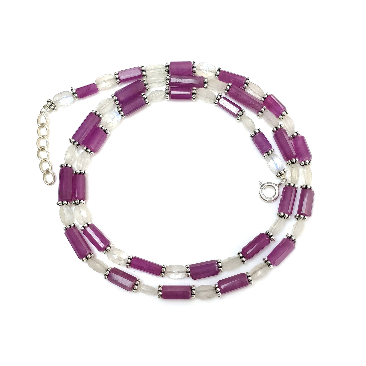 Raspberry Sapphire & Rainbow Moonstone Gemstone Fancy Cut NECKLACE: 95.35gms Natural Untreated Pencil 925 Sterling Silver 6mm - 10mm 19.25"