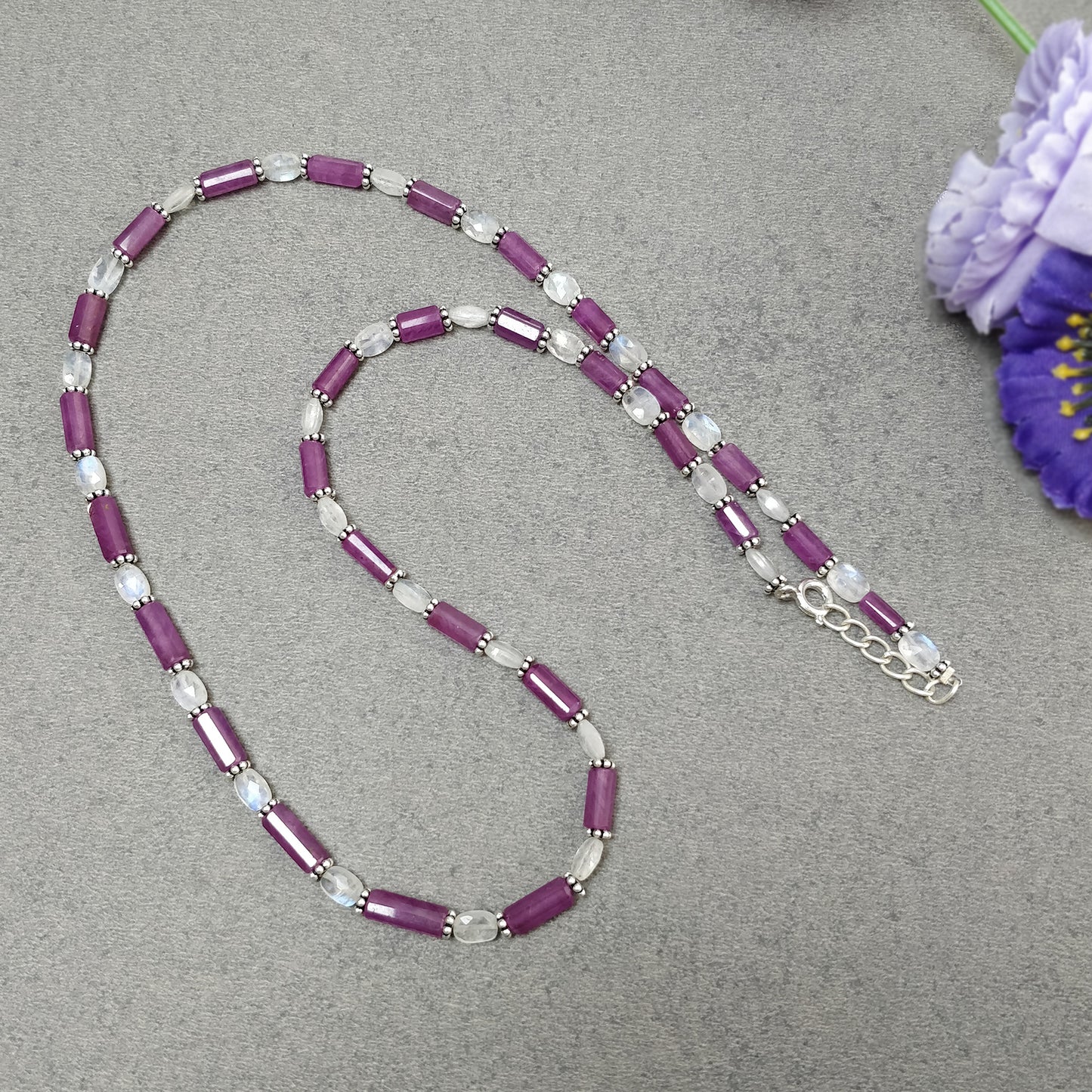 Raspberry Sapphire & Rainbow Moonstone Gemstone Fancy Cut NECKLACE: 95.35gms Natural Untreated Pencil 925 Sterling Silver 6mm - 10mm 19.25"