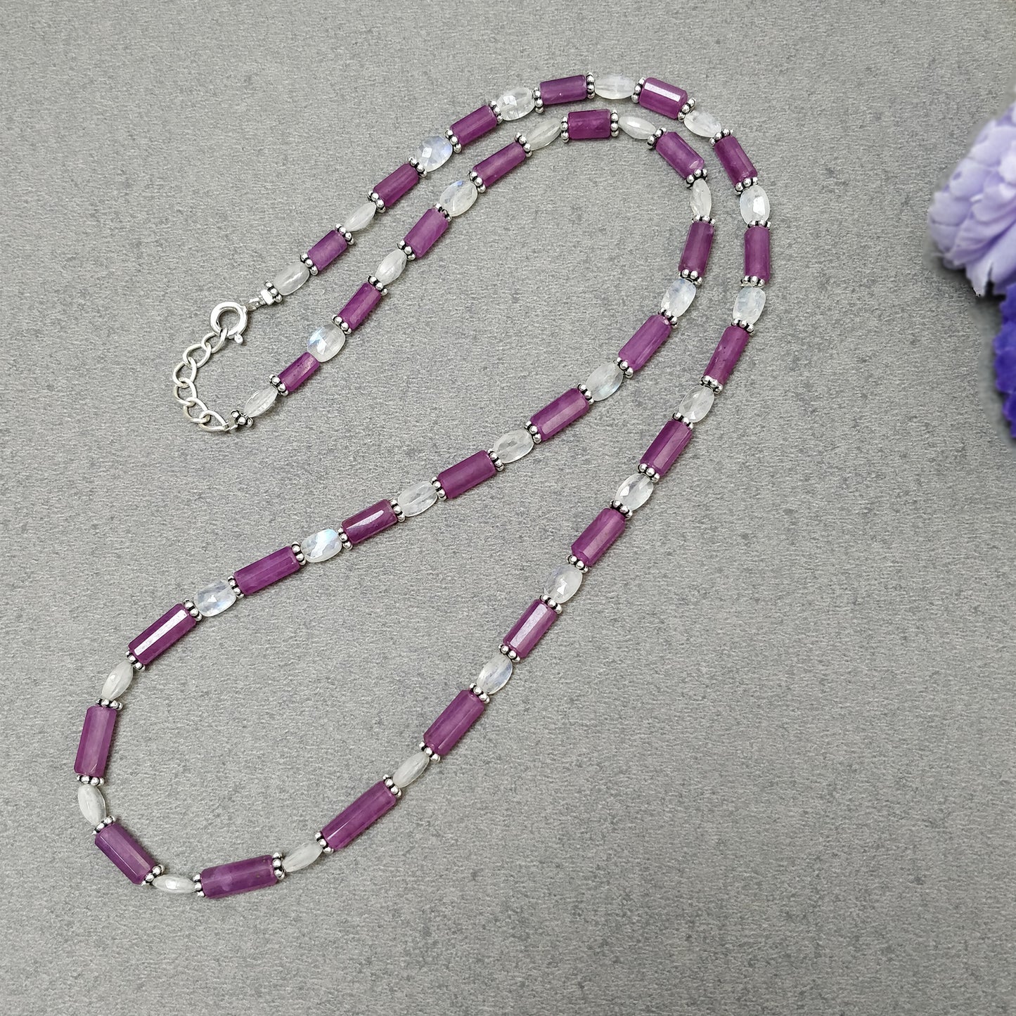 Raspberry Sapphire & Rainbow Moonstone Gemstone Fancy Cut NECKLACE: 95.35gms Natural Untreated Pencil 925 Sterling Silver 6mm - 10mm 19.25"