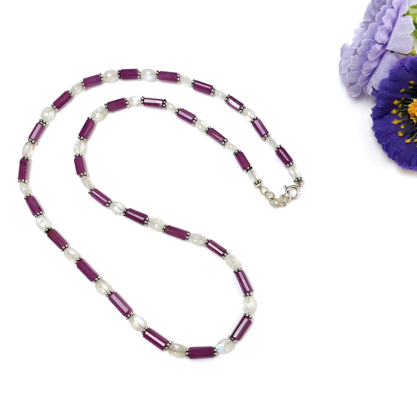 Raspberry Sapphire & Rainbow Moonstone Gemstone Fancy Cut NECKLACE: 105.00gms Natural Untreated Pencil 925 Sterling Silver 4.5mm - 11mm 20"