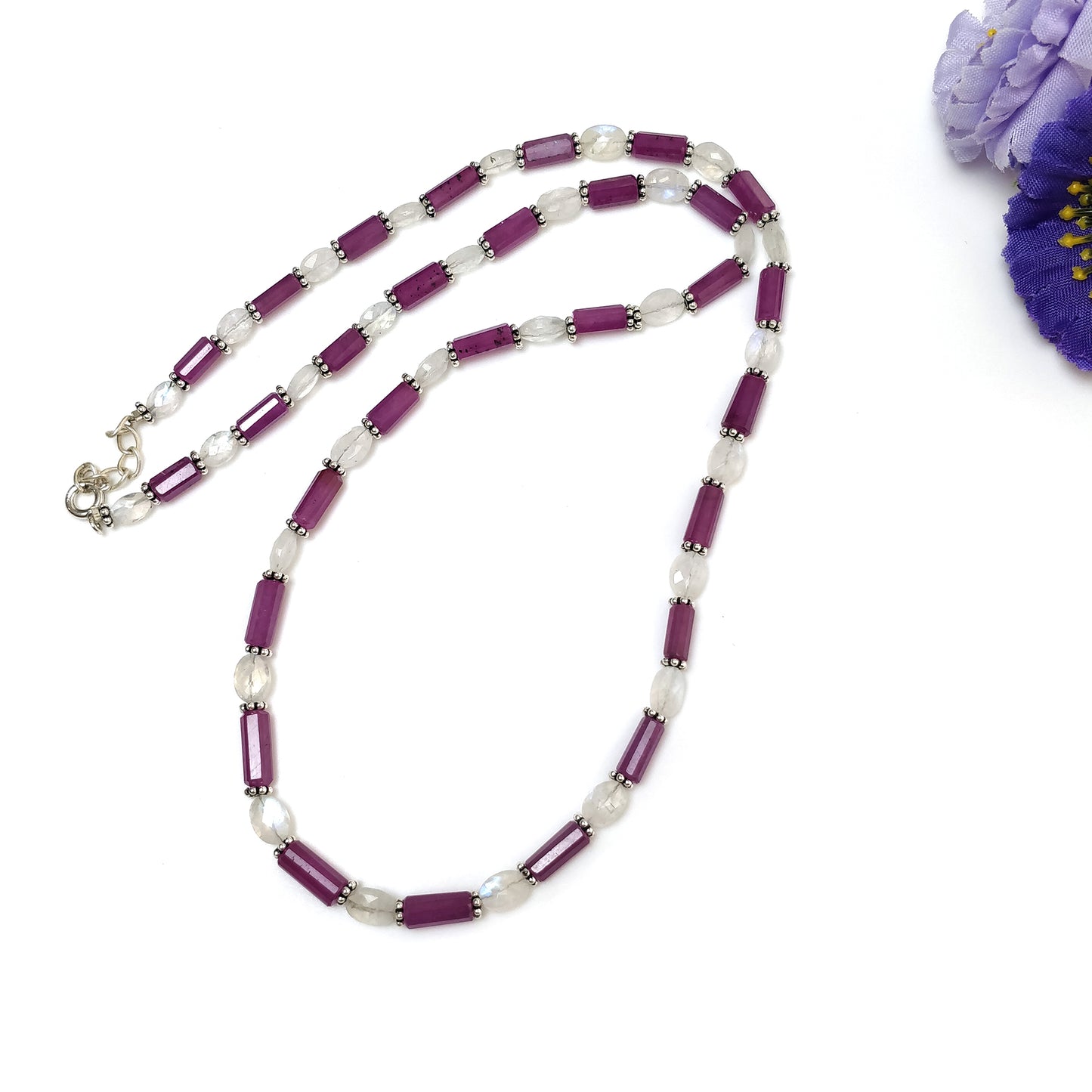Raspberry Sapphire & Rainbow Moonstone Gemstone Fancy Cut NECKLACE: 105.00gms Natural Untreated Pencil 925 Sterling Silver 4.5mm - 11mm 20"