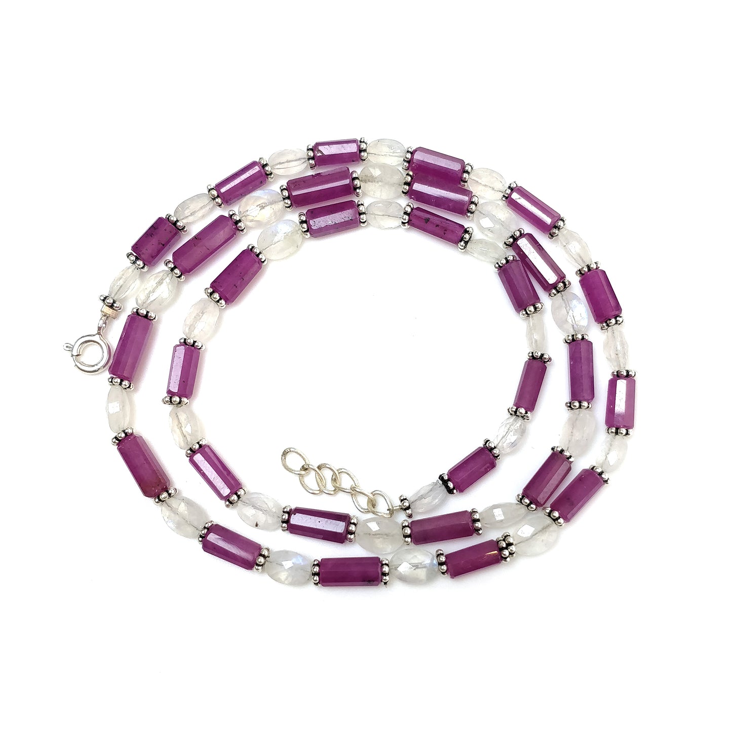 Raspberry Sapphire & Rainbow Moonstone Gemstone Fancy Cut NECKLACE: 105.00gms Natural Untreated Pencil 925 Sterling Silver 4.5mm - 11mm 20"