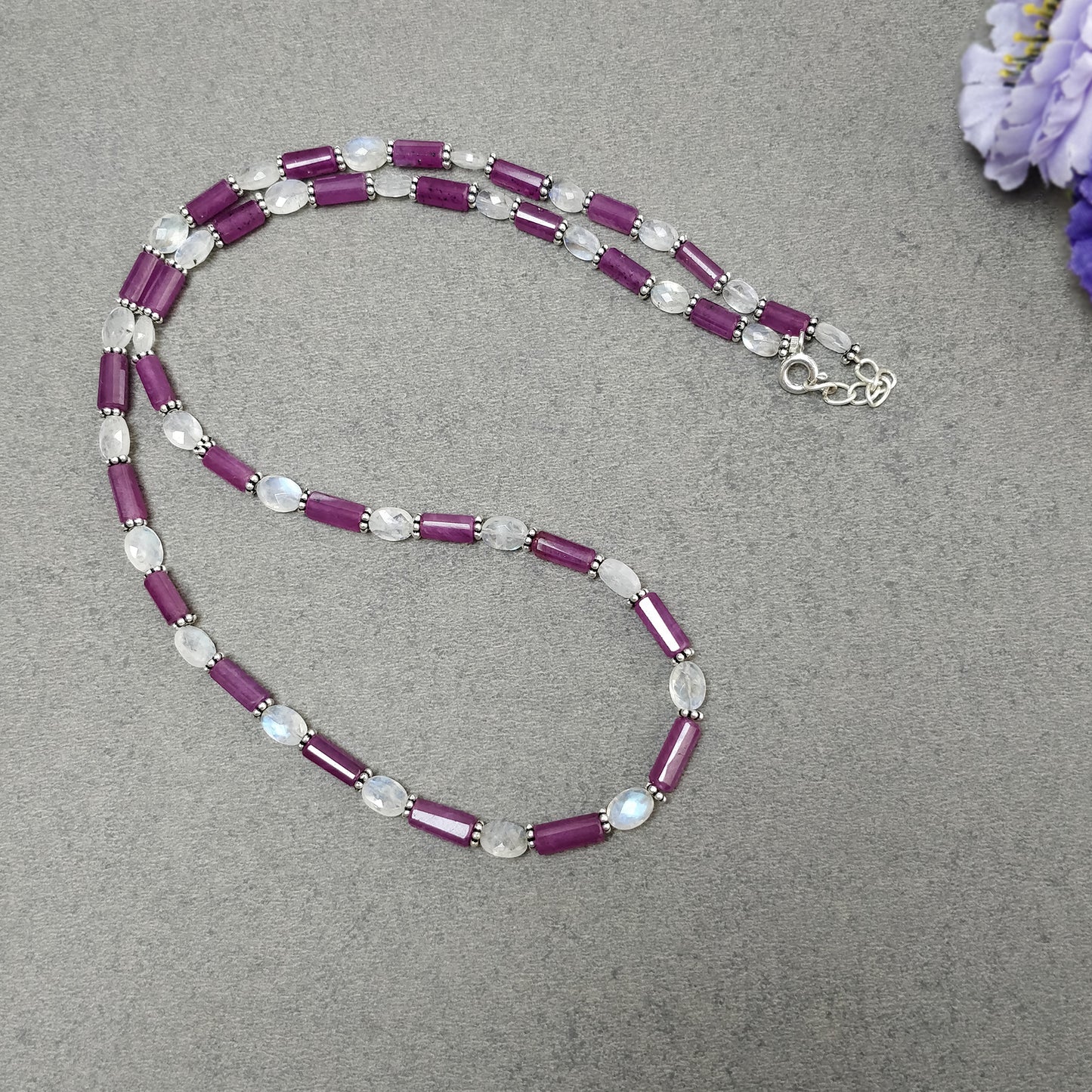 Raspberry Sapphire & Rainbow Moonstone Gemstone Fancy Cut NECKLACE: 105.00gms Natural Untreated Pencil 925 Sterling Silver 4.5mm - 11mm 20"