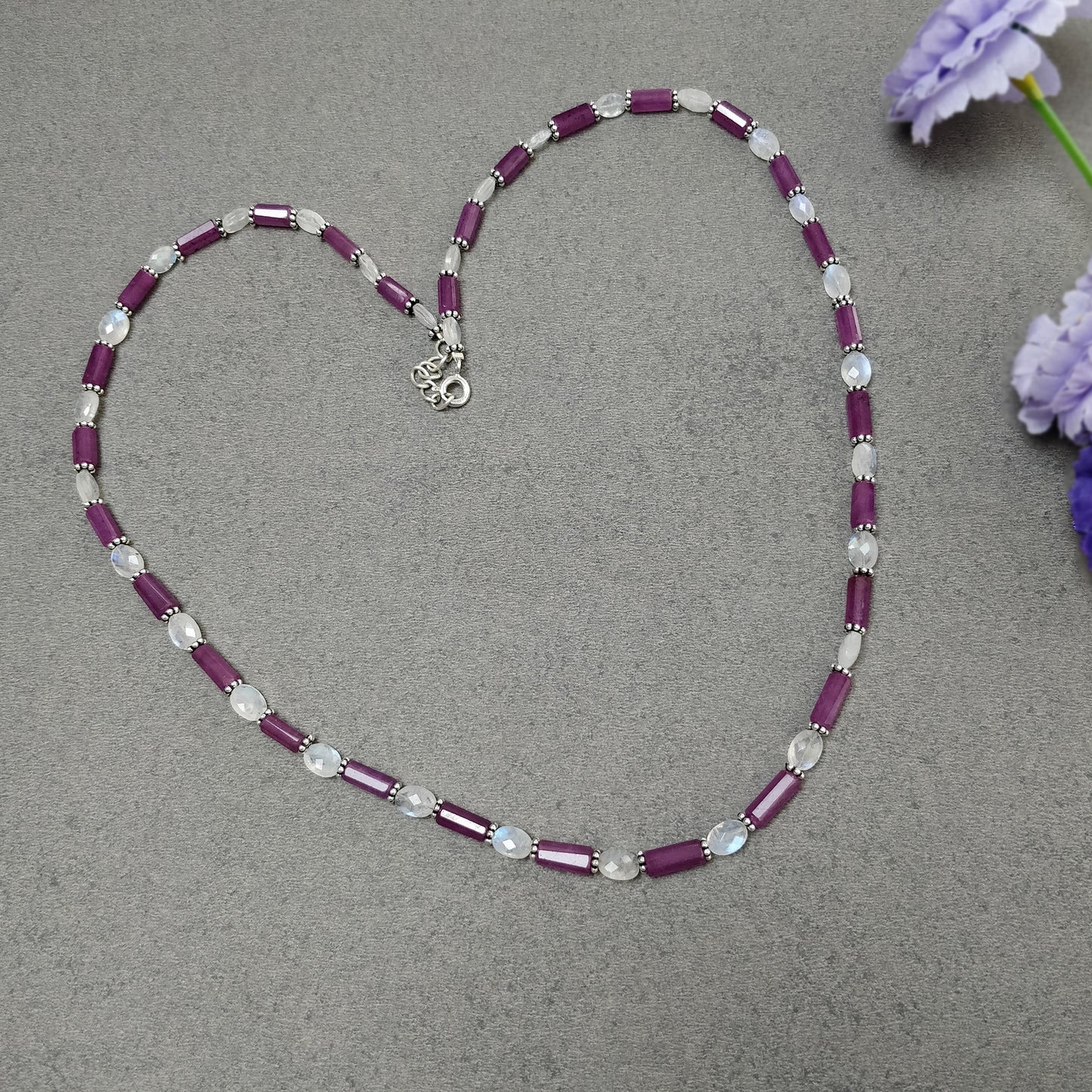 Raspberry Sapphire & Rainbow Moonstone Gemstone Fancy Cut NECKLACE: 105.00gms Natural Untreated Pencil 925 Sterling Silver 4.5mm - 11mm 20"