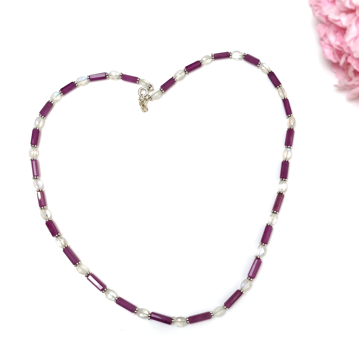 Raspberry Sapphire & Rainbow Moonstone Gemstone Fancy Cut NECKLACE: 105.75gm Natural Untreated Pencil 925 Sterling Silver 7*5mm - 11mm 19.5"