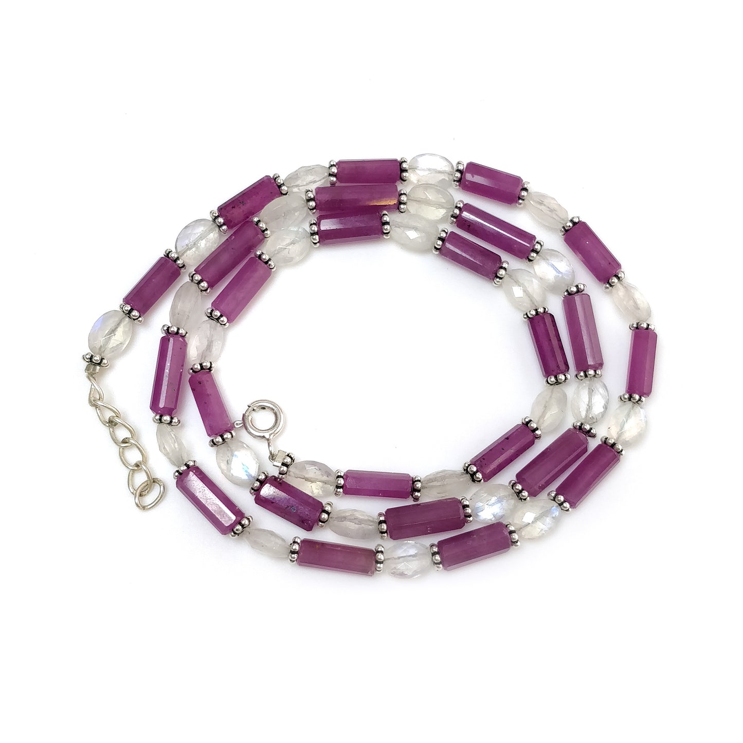 Raspberry Sapphire & Rainbow Moonstone Gemstone Fancy Cut NECKLACE: 105.75gm Natural Untreated Pencil 925 Sterling Silver 7*5mm - 11mm 19.5"