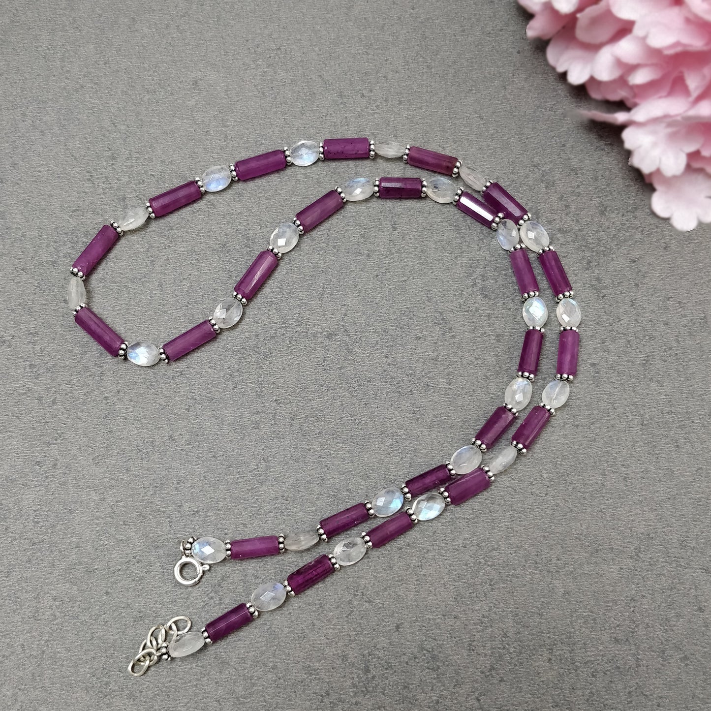 Raspberry Sapphire & Rainbow Moonstone Gemstone Fancy Cut NECKLACE: 105.75gm Natural Untreated Pencil 925 Sterling Silver 7*5mm - 11mm 19.5"