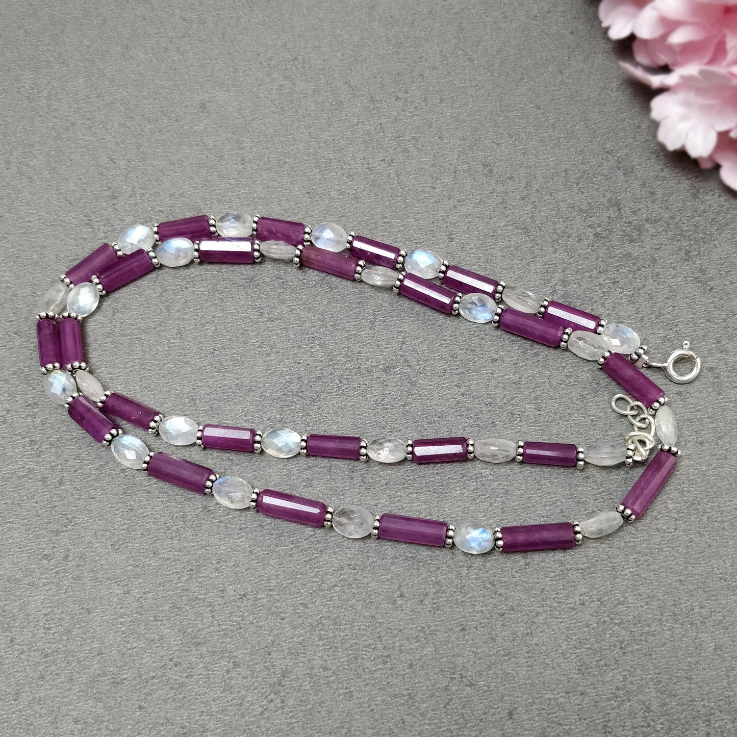 Raspberry Sapphire & Rainbow Moonstone Gemstone Fancy Cut NECKLACE: 105.75gm Natural Untreated Pencil 925 Sterling Silver 7*5mm - 11mm 19.5"