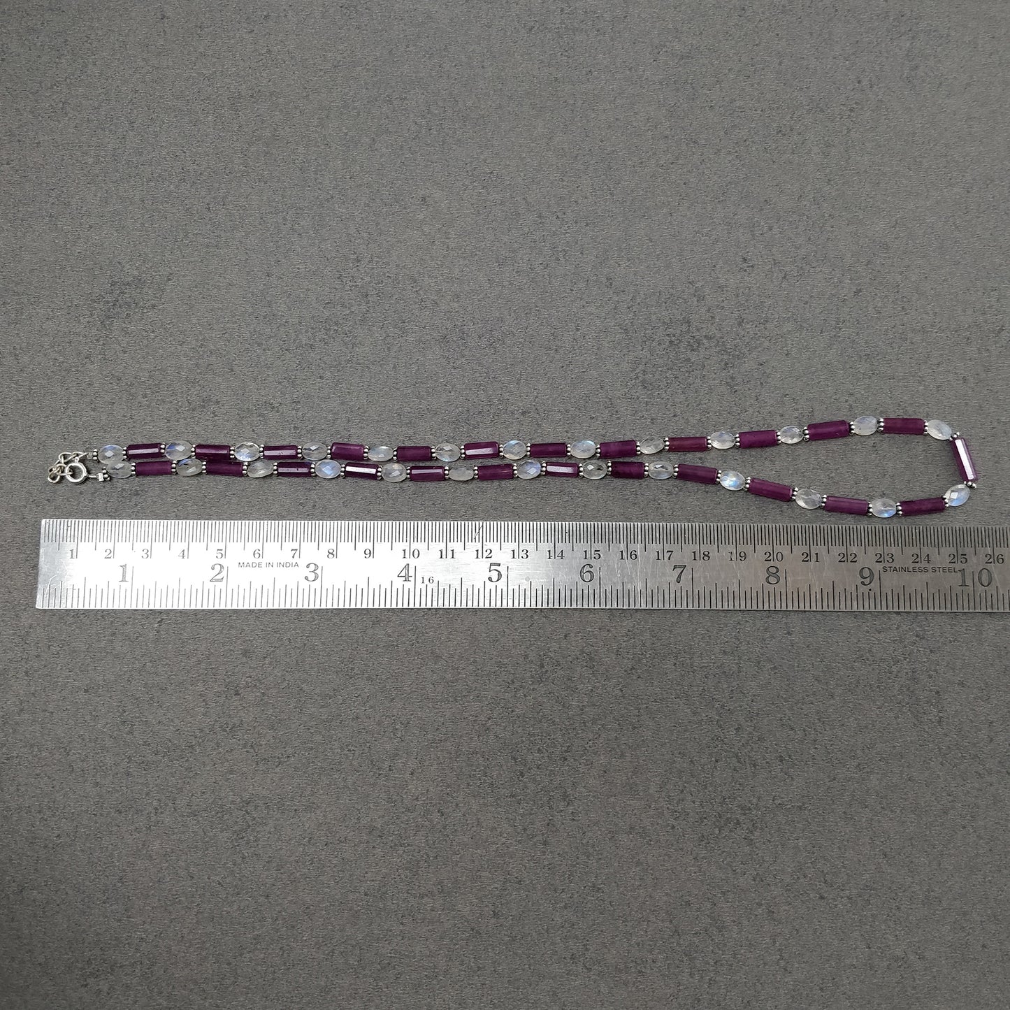 Raspberry Sapphire & Rainbow Moonstone Gemstone Fancy Cut NECKLACE: 105.75gm Natural Untreated Pencil 925 Sterling Silver 7*5mm - 11mm 19.5"