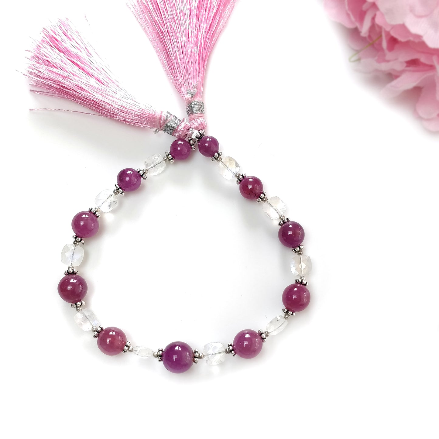 Ruby & Rainbow Moonstone Gemstone Checker Cut Plain Loose Beads: 65.00cts Natural Untreated Round Cushion Beads 6mm - 9mm 7.50" For Bracelet