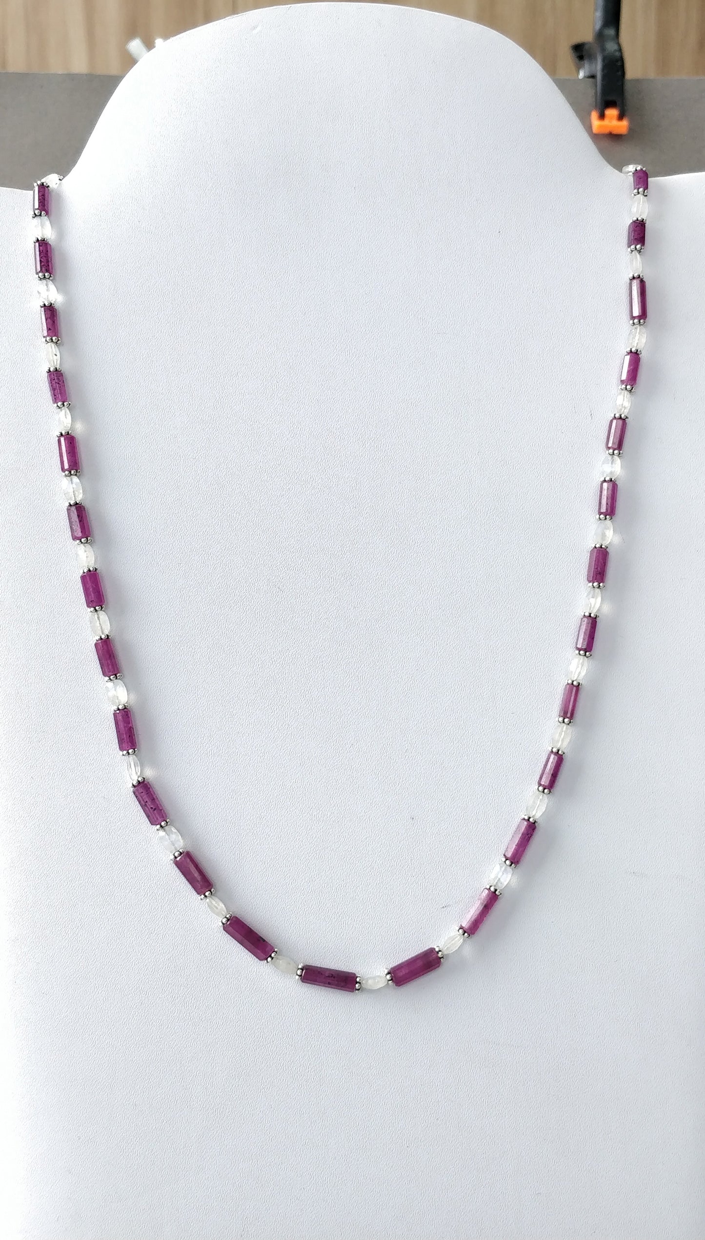 Raspberry Sapphire & Rainbow Moonstone Gemstone Fancy Cut NECKLACE: 93.30gms Natural Untreated Pencil 925 Sterling Silver 5mm - 12mm 18.25"