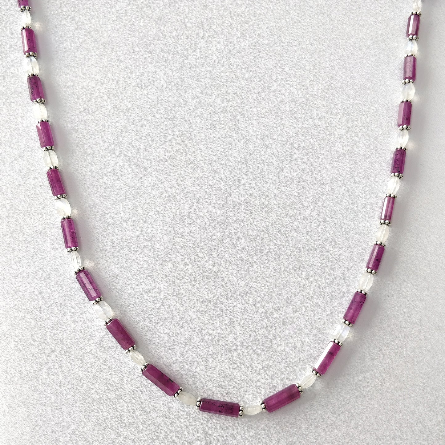 Raspberry Sapphire & Rainbow Moonstone Gemstone Fancy Cut NECKLACE: 93.30gms Natural Untreated Pencil 925 Sterling Silver 5mm - 12mm 18.25"