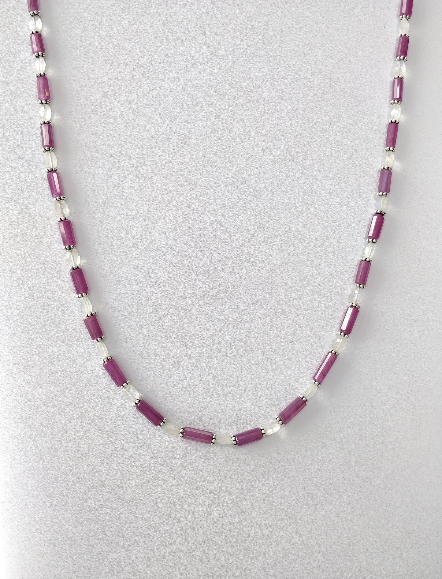 Raspberry Sapphire & Rainbow Moonstone Gemstone Fancy Cut NECKLACE: 95.35gms Natural Untreated Pencil 925 Sterling Silver 6mm - 10mm 19.25"