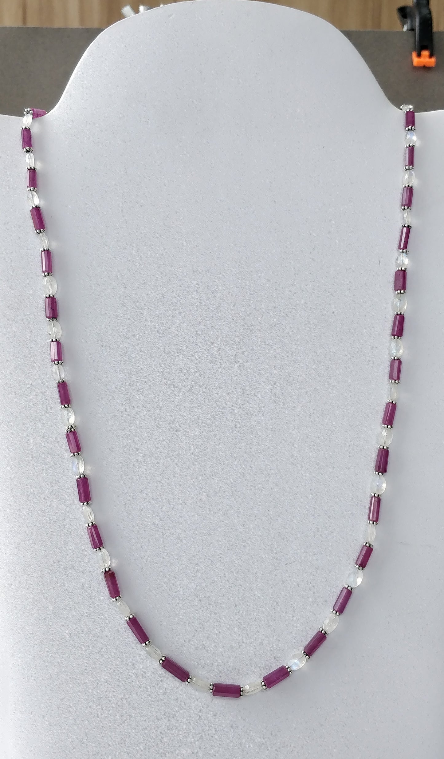 Raspberry Sapphire & Rainbow Moonstone Gemstone Fancy Cut NECKLACE: 105.00gms Natural Untreated Pencil 925 Sterling Silver 4.5mm - 11mm 20"